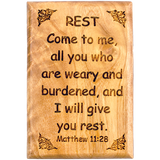 Bible Verse Fridge Magnets, Rest - Matthew 11:28, 1.6" x 2.5" Olive Wood Religious Motivational Faith Magnets from Bethlehem, Home, Kitchen, & Office, Inspirational Scripture Décor front