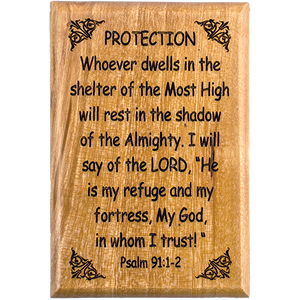 Bible Verse Fridge Magnets, Protection - Psalm 91:1-2, 1.6" x 2.5" Olive Wood Religious Motivational Faith Magnets from Bethlehem, Home, Kitchen, & Office, Inspirational Scripture Décor front