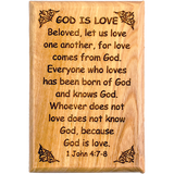 Bible Verse Fridge Magnets, God is Love - 1 John 4:7-8, 1.6" x 2.5" Olive Wood Religious Motivational Faith Magnets from Bethlehem, Home, Kitchen, & Office, Inspirational Scripture Décor front