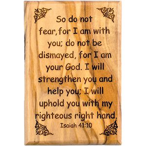 Bible Verse Fridge Magnets, Do Not Fear - Isaiah 41:10, 1.6" x 2.5" Olive Wood Religious Motivational Faith Magnets from Bethlehem, Home, Kitchen, & Office, Inspirational Scripture Décor front