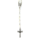 Close up of Mother of Pearl Rosary with Virgin Mary and Baby Jesus Oval Medal and Cross