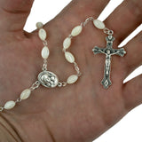 Mother of Pearl Rosary with Virgin Mary and Baby Jesus Oval Medal in hand