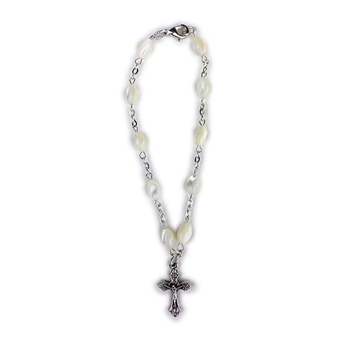 Mother of Pearl One Decade Catholic Rosary Charm Bracelet, Religious Link Chain Beads for Women with Crucifix Cross Pendant Charm, Rosario Católico para Hombres y Mujeres con Crucifijo Cruz