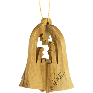 Holy family christmas bell nativity 3-dimensional olive wood ornament from Israel
