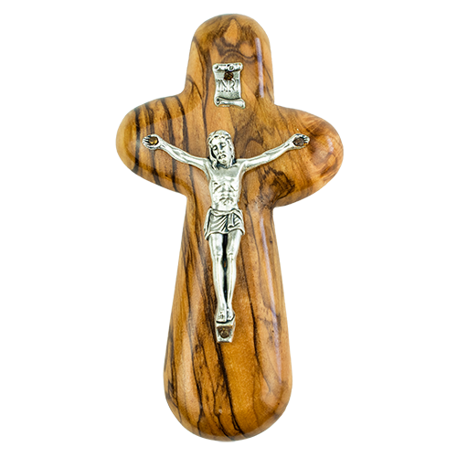 front of olive wood crucifix holding cross with inri plaque