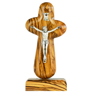 front of tabletop olive wood crucifix holding cross with inri plaque and stand