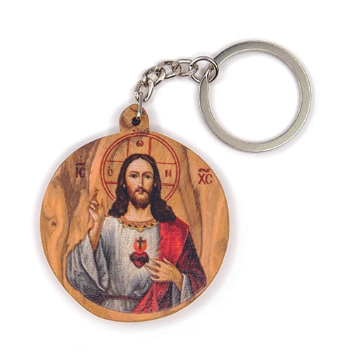 Jesus Christ Sacred Heart, Olive Wood Catholic Keychain