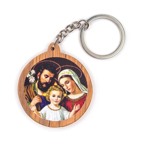 The Holy Family (Dark), Olive Wood Catholic Keychain