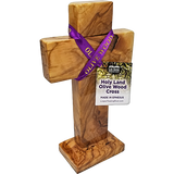 Holy Land 7" Genuine Olive Wood Standing Cross pivoted right with purple ribbon