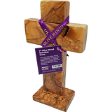 Holy Land 7" Genuine Olive Wood Standing Cross pivoted left with purple ribbon
