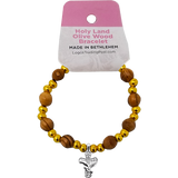 Olive Wood Stretch Bracelet, Gold Beads and Cross/Dove Dangle with tag