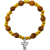 Olive Wood Stretch Bracelet, Gold Beads and Cross/Dove Dangle