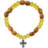 Olive Wood Stretch Bracelet, Yellow Beads and Cross Dangle