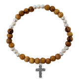Olive Wood Stretch Bracelet, White Bears and Cross Dangle