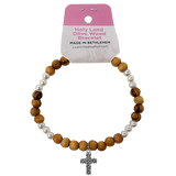 Olive Wood Stretch Bracelet, White Bears and Cross Dangle with tag