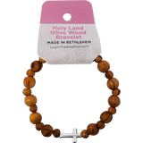 Olive Wood Stretch Bracelet, Beads and Inlet Cross with tag