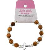 Olive Wood Stretch Bracelet, White Bears and Inlet Cross with tag