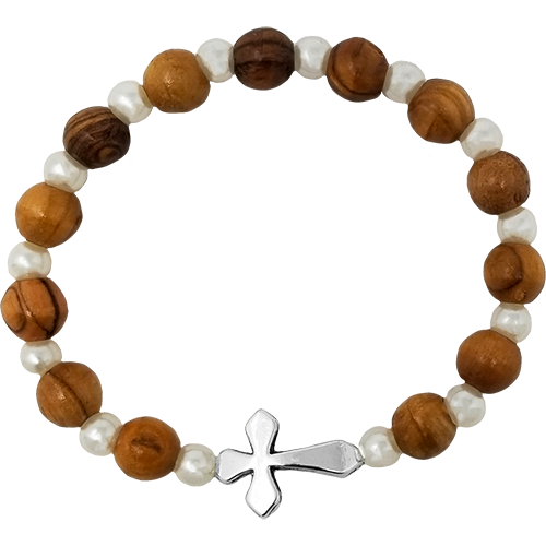 Olive Wood Stretch Bracelet, White Bears and Inlet Cross