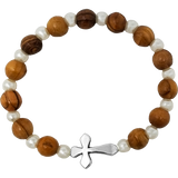Olive Wood Stretch Bracelet, White Bears and Inlet Cross