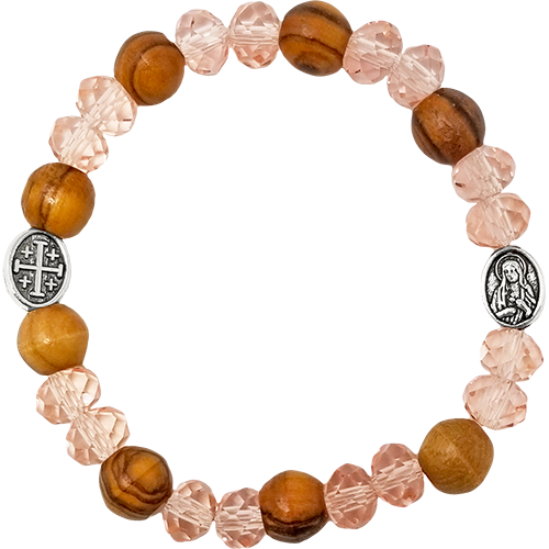 Olive Wood Stretch Bracelet, Pink Beads and Jerusalem Cross, Virgin Mary