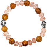 Olive Wood Stretch Bracelet, Pink Beads and Jerusalem Cross, Virgin Mary