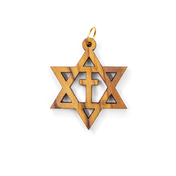 Star of David with Cross Olive Wood Pendant Charm with ring