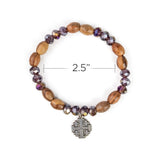 Stretch Bracelet with Grouped Olive Wood and Purple Beads and Jerusalem Cross Dangle