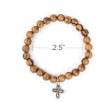 Stretch Bracelet with Olive Wood Beads and Cross Dangle