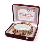 Helix Stretch Wrap Bracelet with Olive Wood and Pink Beads, Inline Cross and Crucifix Dangle in Velvet Box