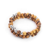 Helix Stretch Wrap Bracelet with Olive Wood and Silver Beads, Inline Cross with Virgin Mary and Crucifix Dangle in Velvet Box