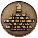 Back: Knight, with text, "I can do all things through Christ who gives me strength. Philippians 4:13"