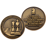 Front and back of Chess Club Christian Antique Gold Plated School Coin