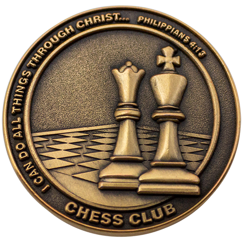 Front: Chess pieces on board, with text, 