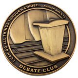 Front: Lectern on stage, with text, "I can do all things through Christ... Philippians 4:13" / "Debate Club"