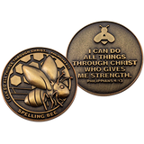 Front and back of  Spelling Bee Christian Antique Gold Plated School Coin 
