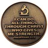 Back: Microscope, with text, "I can do all things through Christ who gives me strength. Philippians 4:13"