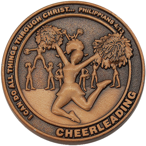 front of Christian cheerleading challenge coin