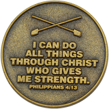 back of Christian rowing challenge coin