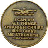 back of Christian swimming challenge coin