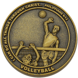 front of Christian volleyball challenge coin