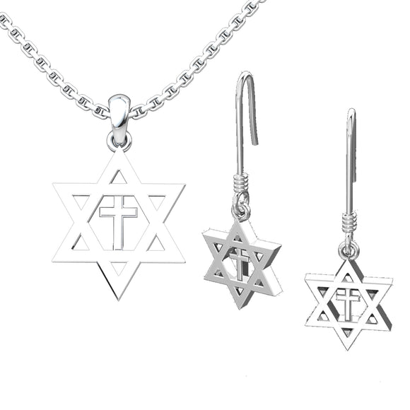 Star of David with Cross Pendant and Earrings on a white background