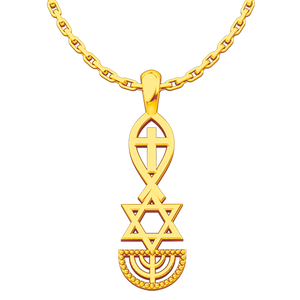 Messianic, Jesus Fish, Star of David, & Menorah, Gold Plated Sterling Silver Pendant Necklace for Men and Women