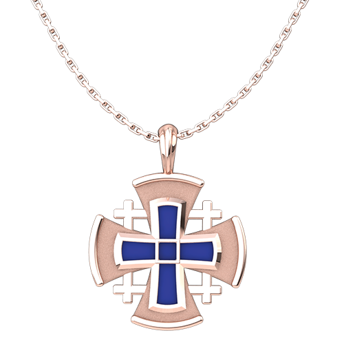 Rose Gold Plated Jerusalem Cross with Blue Enamel Pendant with 18
