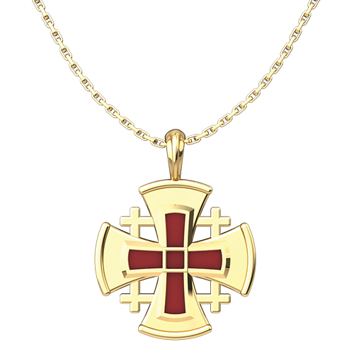 Gold Plated Sterling Silver Jerusalem Cross with Red Enamel Pendant with 18