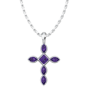 February Amethyst Antique Birthstone Cross Pendant - With 18" Sterling Silver Chain