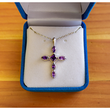 February Amethyst Antique Birthstone Cross Pendant - With 18" Sterling Silver Chain in a velvet box