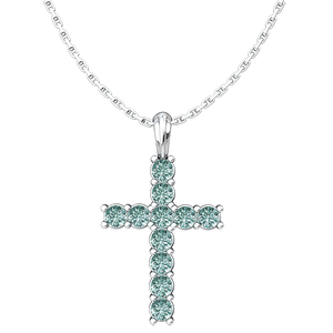 March Aquamarine Antique Birthstone Cross Sterling Silver Pendant - With 18" Sterling Silver Chain