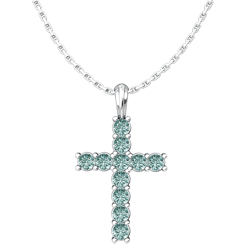 March Aquamarine Antique Birthstone Cross Sterling Silver Pendant - With 18