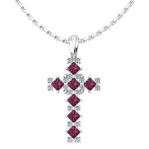 July Ruby Birthstone Cross Pendant - With 18" Sterling Silver Chain
