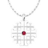 Jerusalem Cross with CZ Ruby, Sterling Silver Pendant - 18 Inch Chain